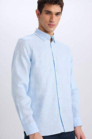 Regular Fit Polo Yaka Keten Basic Düz Uzun Kollu Gömlek