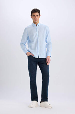 Regular Fit Polo Yaka Keten Basic Düz Uzun Kollu Gömlek