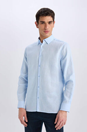 Regular Fit Polo Yaka Keten Basic Düz Uzun Kollu Gömlek