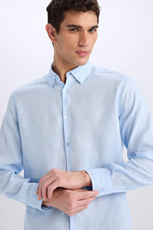 Regular Fit Polo Yaka Keten Basic Düz Uzun Kollu Gömlek