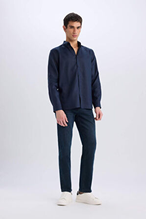 DeFacto %100 Keten Regular Fit Polo Yaka Yazlık Basic Düz Uzun Kollu Gömlek C1825AX25SMNV146