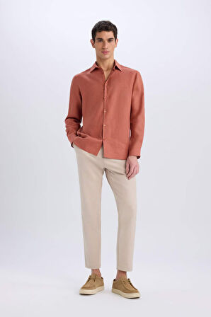 DeFacto %100 Keten Regular Fit Polo Yaka Yazlık Basic Düz Uzun Kollu Gömlek C1825AX25SMOG286