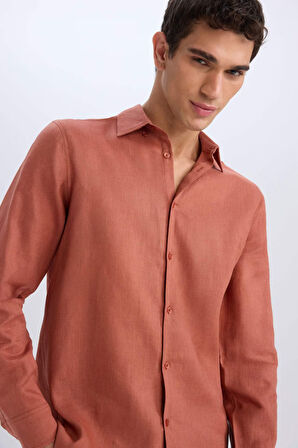DeFacto %100 Keten Regular Fit Polo Yaka Yazlık Basic Düz Uzun Kollu Gömlek C1825AX25SMOG286