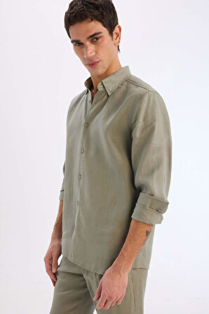 DeFacto %100 Keten Regular Fit Polo Yaka Yazlık Basic Düz Uzun Kollu Gömlek C1825AX25SMKH433