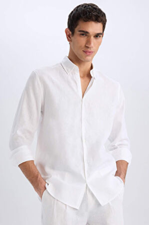 DeFacto %100 Keten Regular Fit Polo Yaka Yazlık Basic Düz Uzun Kollu Beyaz Gömlek C1825AX25SMWT32