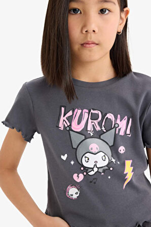 Kız Çocuk Kuromi Cropped Fit Bisiklet Yaka Ribana Kısa Kollu Tişört