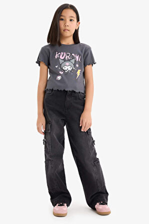 Kız Çocuk Kuromi Cropped Fit Bisiklet Yaka Ribana Kısa Kollu Tişört
