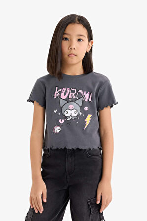 Kız Çocuk Kuromi Cropped Fit Bisiklet Yaka Ribana Kısa Kollu Tişört