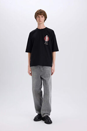 DeFacto %100 Pamuk One Piece Loose Fit Bisiklet Yaka Sırt Baskılı Kısa Kollu Tişört B5528AX25SPBK81