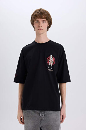 DeFacto %100 Pamuk One Piece Loose Fit Bisiklet Yaka Sırt Baskılı Kısa Kollu Tişört B5528AX25SPBK81