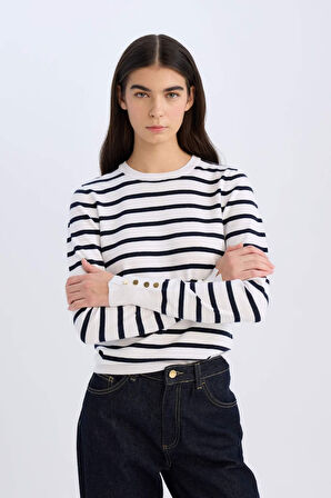 DeFacto Regular Fit Çizgili Bisiklet Yaka Triko Kazak A8490AX25SPER105