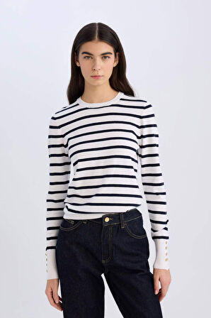 DeFacto Regular Fit Çizgili Bisiklet Yaka Triko Kazak A8490AX25SPER105