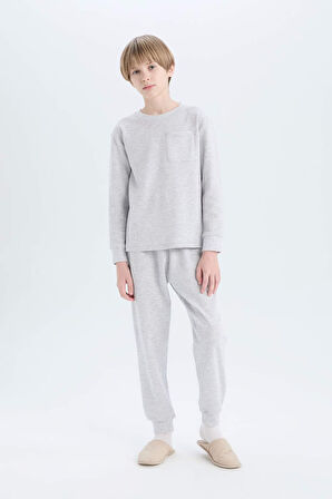 DeFacto Erkek Çocuk Pijama Takımı Waffle Bisiklet Yaka Uzun Kollu Üst Beli Lastikli Uzun Alt D9977A825SPGR400