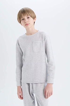 DeFacto Erkek Çocuk Pijama Takımı Waffle Bisiklet Yaka Uzun Kollu Üst Beli Lastikli Uzun Alt D9977A825SPGR400