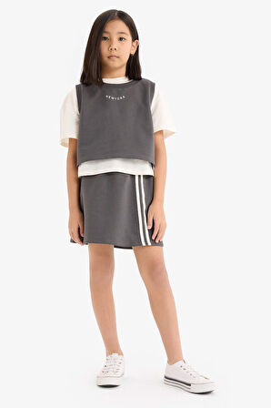 DeFacto Kız Çocuk 3'lü Takım Kısa Kollu Tişört Baskılı Kolsuz Üst Beli Lastikli Etek E1867A825SMAR82