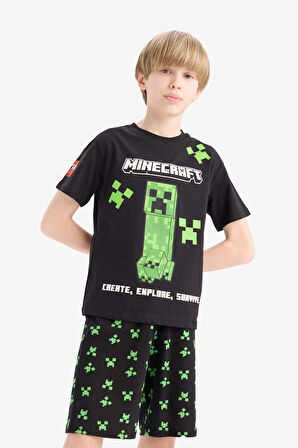 Erkek Çocuk Minecraft Pijama Takımı Kısa Kollu Üst Beli Lastikli Şort