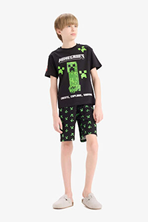 Erkek Çocuk Minecraft Pijama Takımı Kısa Kollu Üst Beli Lastikli Şort