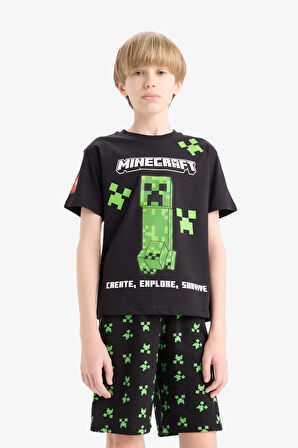 Erkek Çocuk Minecraft Pijama Takımı Kısa Kollu Üst Beli Lastikli Şort