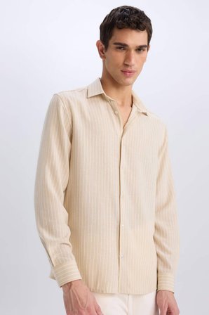 DeFacto Regular Fit Polo Yaka Keten Görünümlü Uzun Kollu Gömlek E3308AX25SMBG106
