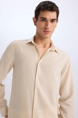 DeFacto Regular Fit Polo Yaka Keten Görünümlü Uzun Kollu Gömlek E3308AX25SMBG106
