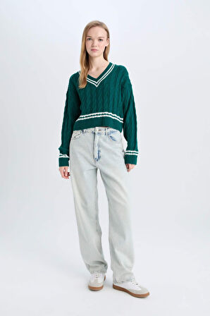 DeFacto 	Coool Regular Fit V Yaka Saç Örgülü Çizgili Triko Kazak C7321AX24WNGN953