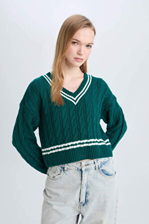 DeFacto 	Coool Regular Fit V Yaka Saç Örgülü Çizgili Triko Kazak C7321AX24WNGN953