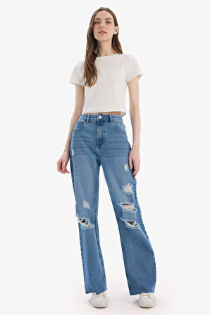 90's Wide Leg Yırtık Detaylı Yüksek Bel Geniş Paça Uzun Jean Yıkamalı Pantolon