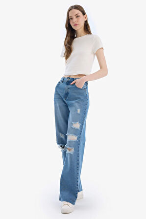 90's Wide Leg Yırtık Detaylı Yüksek Bel Geniş Paça Uzun Jean Yıkamalı Pantolon