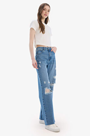 90's Wide Leg Yırtık Detaylı Yüksek Bel Geniş Paça Uzun Jean Yıkamalı Pantolon