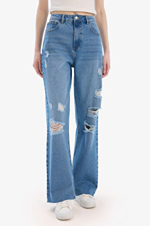 90's Wide Leg Yırtık Detaylı Yüksek Bel Geniş Paça Uzun Jean Yıkamalı Pantolon