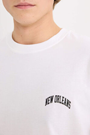 Boxy Fit Bisiklet Yaka Baskılı Kısa Kollu Tişört