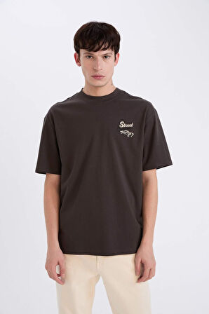 DeFacto %100 Pamuk Boxy Fit Bisiklet Yaka Sırt Baskılı Kısa Kollu Tişört D5584AX25SPAR221