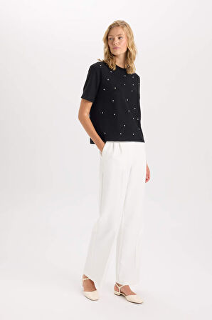 DeFacto Wide Leg Dokuma Pantolon Geniş Bol Paça Pensli Cepli Yüksek Bel Basic Düz Uzun Boy D8108AX24AUER105