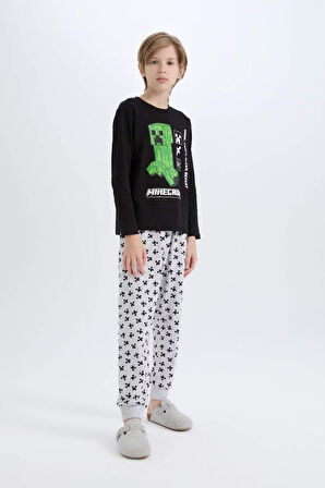 DeFacto Erkek Çocuk Minecraft Pijama Takımı Bisiklet Yaka Uzun Kollu Üst Beli Lastikli Uzun Alt D8101A824WNBK81