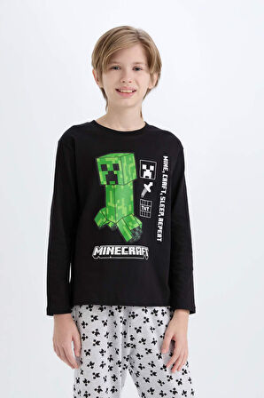 DeFacto Erkek Çocuk Minecraft Pijama Takımı Bisiklet Yaka Uzun Kollu Üst Beli Lastikli Uzun Alt D8101A824WNBK81
