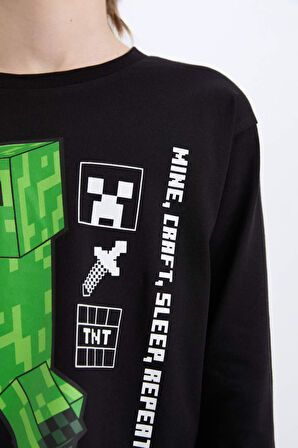 DeFacto Erkek Çocuk Minecraft Pijama Takımı Bisiklet Yaka Uzun Kollu Üst Beli Lastikli Uzun Alt D8101A824WNBK81