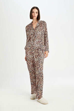 Fall in Love Leopar Desenli Uzun Kollu Saten Pijama Takımı