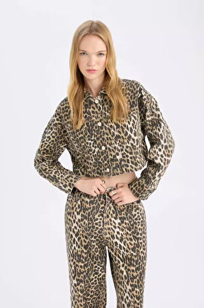 Oversize Fit Leopar Desenli Gabardin Uzun Kollu Ceket Gömlek