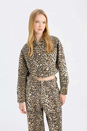 Oversize Fit Leopar Desenli Gabardin Uzun Kollu Ceket Gömlek