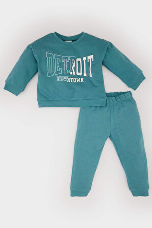DeFacto Erkek Bebek 2'li Takım Bisiklet Yaka Baskılı Sweatshirt Beli Lastikli Eşofman Altı D7909A525SPBE805