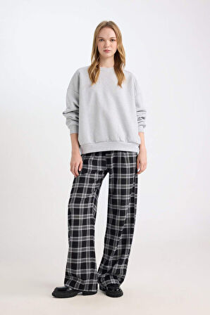 DeFacto Pijama Pantolon Wide Leg Geniş Bol Paça Kareli Normal Bel Lastikli Cepli D9548AX24WNBK81