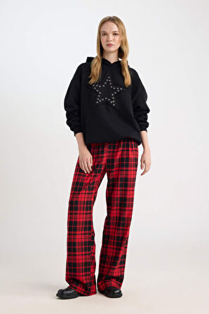 DeFacto Coool Wide Leg Kareli Kumaş Pijama Pantolon Geniş Bol Paça Beli Cepli Lastikli Normal Bel D9547AX24WNRD328