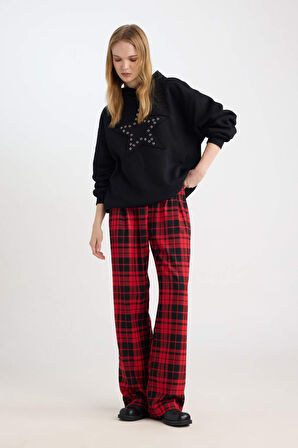 DeFacto Coool Wide Leg Kareli Kumaş Pijama Pantolon Geniş Bol Paça Beli Cepli Lastikli Normal Bel D9547AX24WNRD328