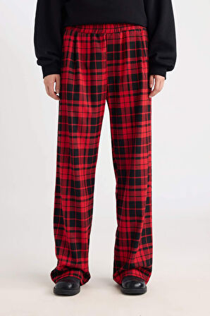 DeFacto Coool Wide Leg Kareli Kumaş Pijama Pantolon Geniş Bol Paça Beli Cepli Lastikli Normal Bel D9547AX24WNRD328