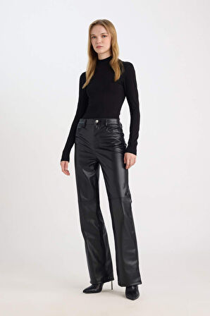 DeFacto Coool Straight Fit Suni Deri Pantolon Yüksek Bel D8001AX24AUBK81