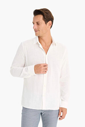 Defacto D7394 Ekru %100 Pamuk Regular Fit İnce Kumaş Polo Yaka Uzun Kollu Gömlek