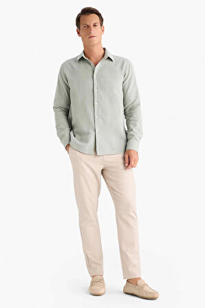 Defacto D7394 Haki %100 Pamuk Regular Fit İnce Kumaş Polo Yaka Uzun Kollu Gömlek