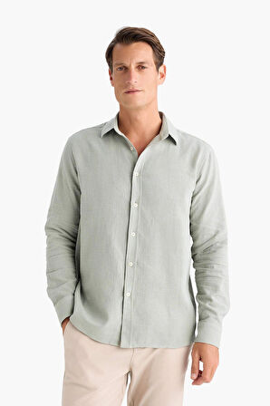 Defacto D7394 Haki %100 Pamuk Regular Fit İnce Kumaş Polo Yaka Uzun Kollu Gömlek