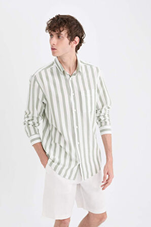 DeFacto %100 Pamuk Regular Fit Polo Yaka Çizgili Uzun Kollu Gömlek D6114AX25SMKH397