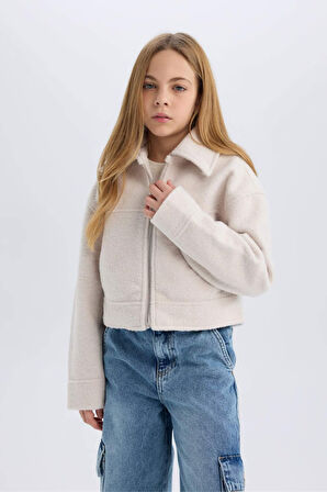 DeFacto Kız Çocuk Polo Yaka Fermuarlı Kısa Kaşe Mont E0057A825SPER238